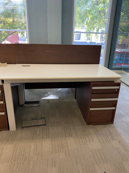 White table with walnut divider and drawers