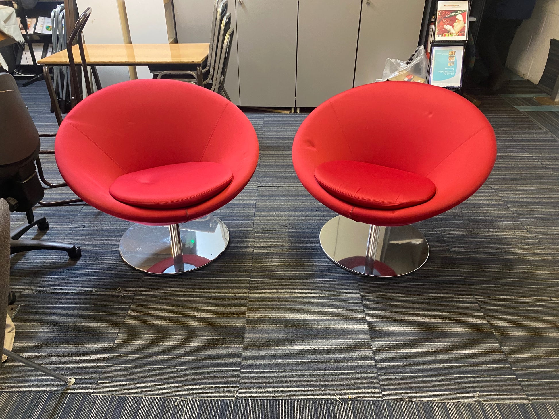 Two red Contemporary visitor chairs