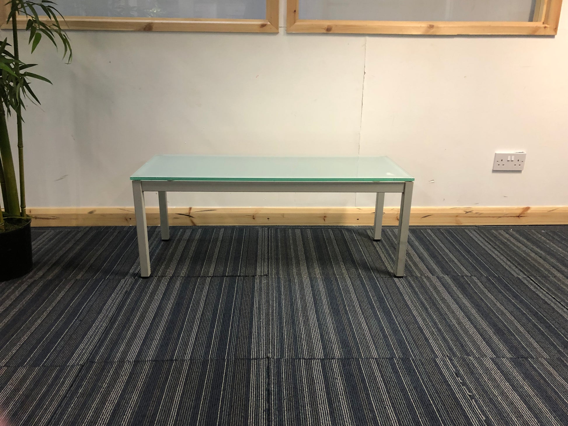 front of ski blue glass small low table, left, green plant