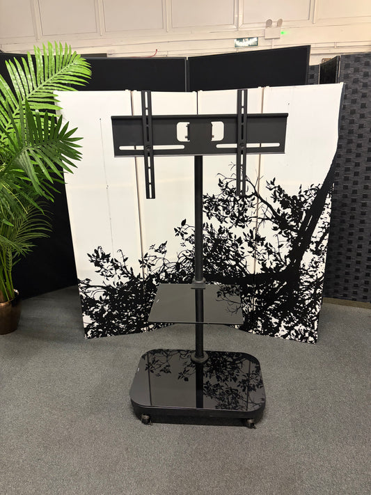 Secondhand mobile TV stand Glass shelving black