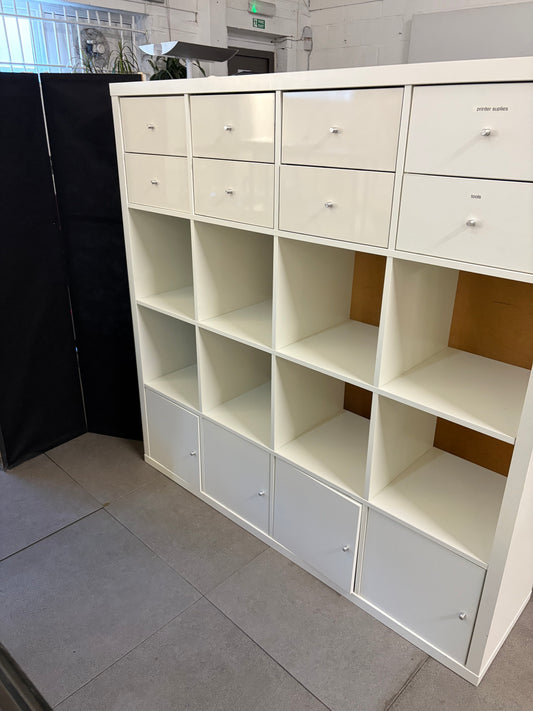 Pre-owned Ikea Kallax 4x4 with drawer and cupboard/door inserts - White H 147cm W 147cm D 39cm