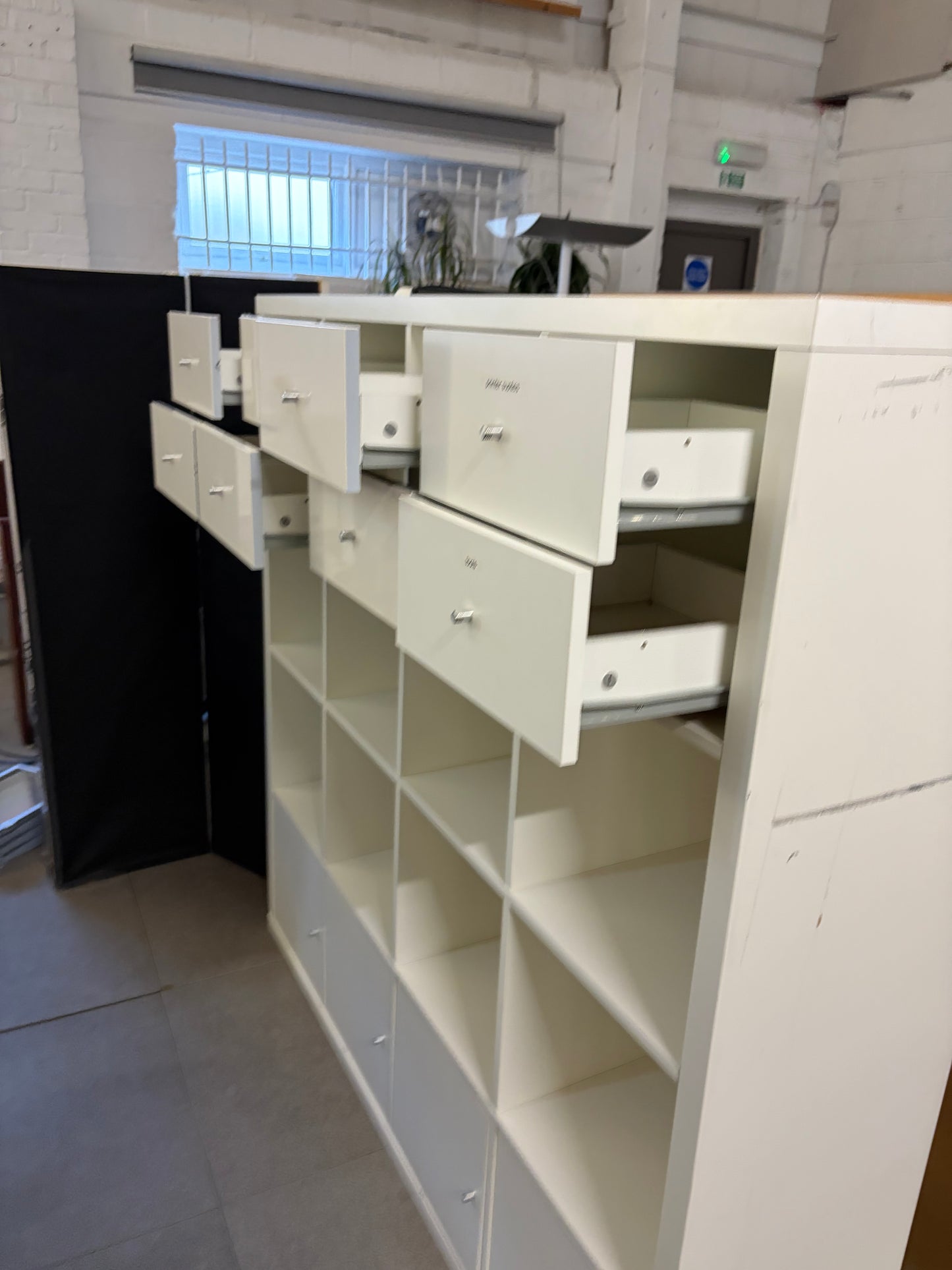 Pre-owned Ikea Kallax 4x4 with drawer and cupboard/door inserts - White H 147cm W 147cm D 39cm