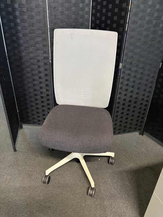 Used mesh-back operator chair striking white frame adjustable ergonomic dark grey upholstery