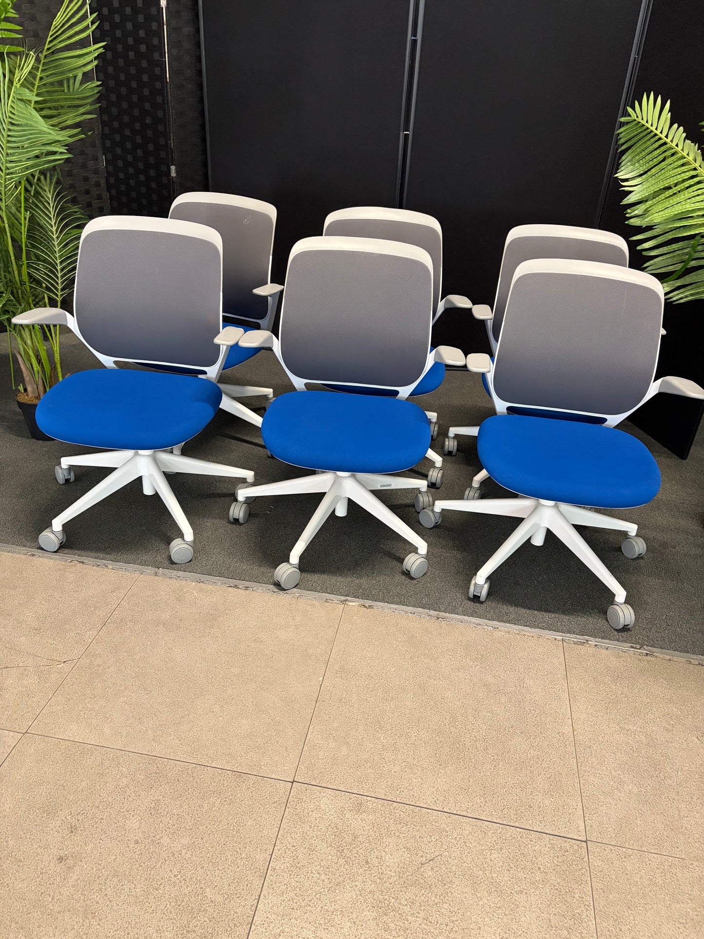 Pre-owned Steelcase Cobi White with Blue Seat chair  Fixed Arms Flexible Edge Single Lever