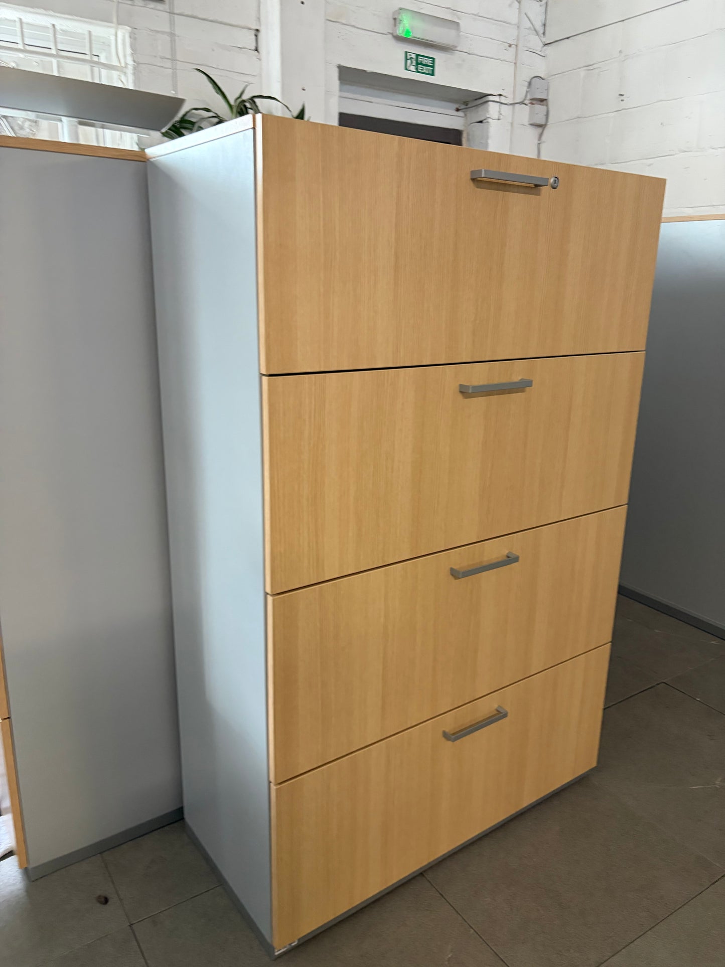 Preowned 4 Drawer Lateral Filing storage Unit cabinet Maple Heavy duty melamine front W 100cm D 45cm H 154.5cm