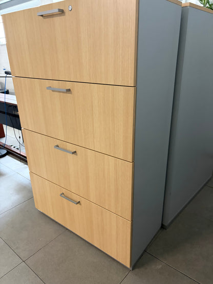 Preowned 4 Drawer Lateral Filing storage Unit cabinet Maple Heavy duty melamine front W 100cm D 45cm H 154.5cm
