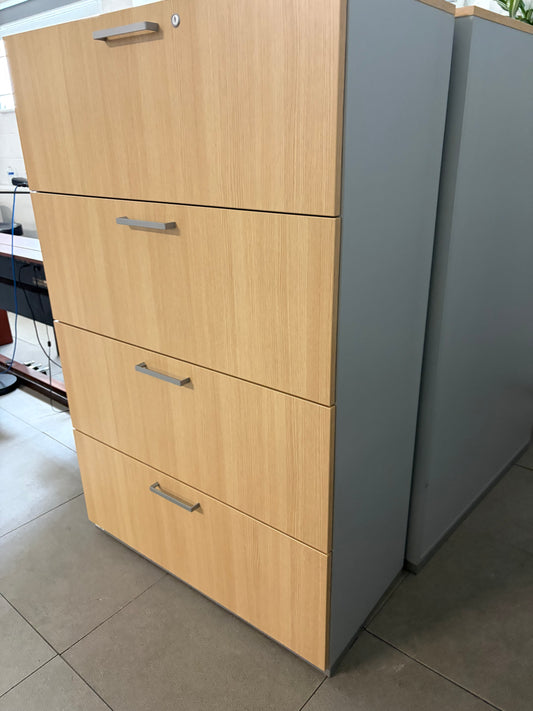 Preowned 4 Drawer Lateral Filing storage Unit cabinet Maple Heavy duty melamine front W 100cm D 45cm H 154.5cm