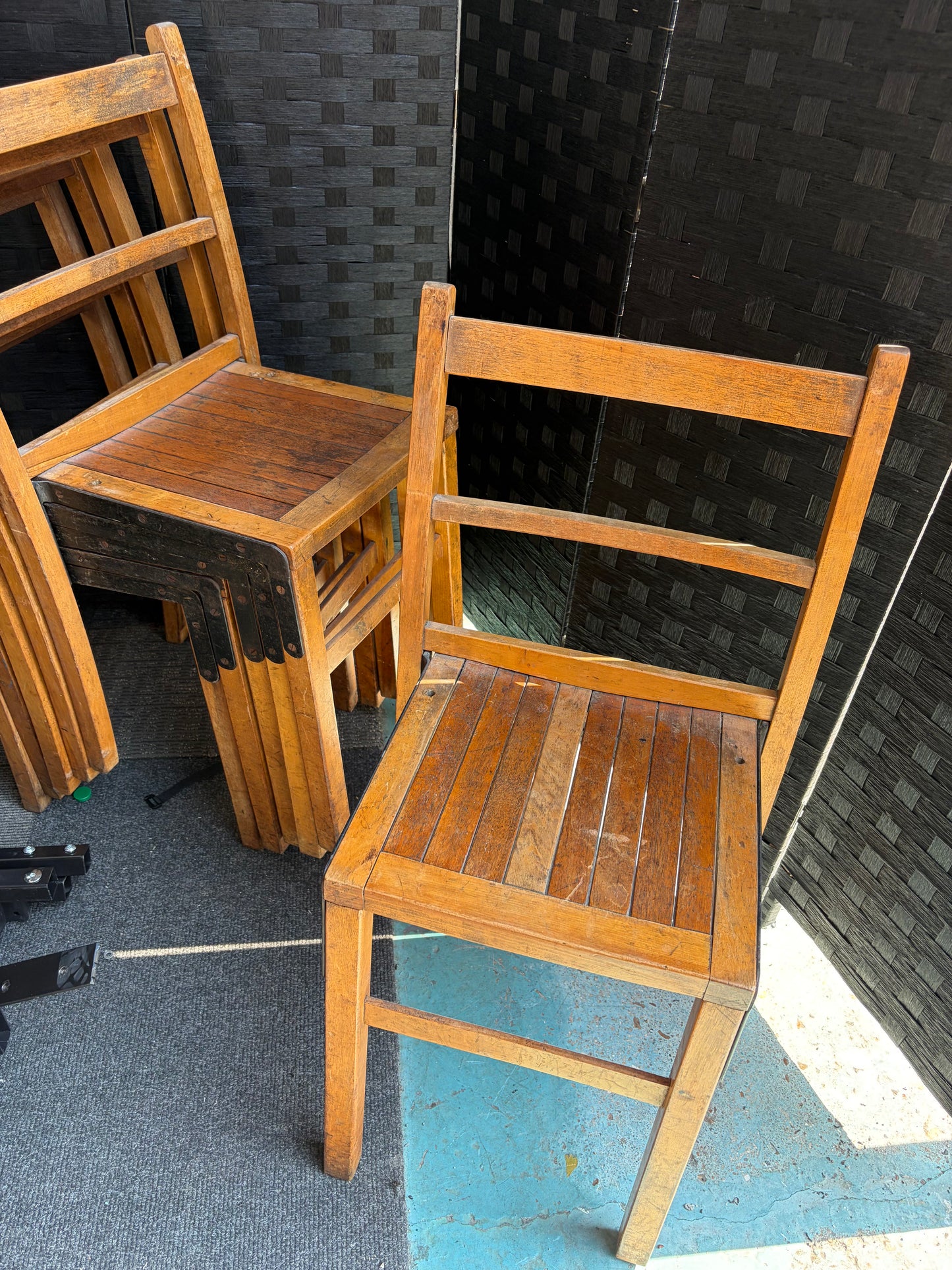Used Vintage set of circa 1930s English Oak Stacking Dining Kitchen Chairs