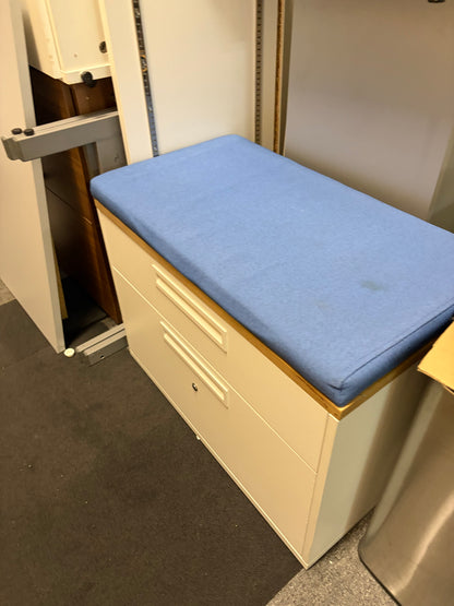 Used filing caddy low cabinet with soft Blue cushion seat top 2 Drawer lateral