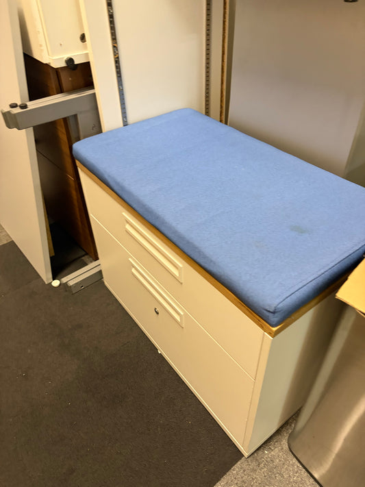Used filing caddy low cabinet with soft Blue cushion seat top 2 Drawer lateral