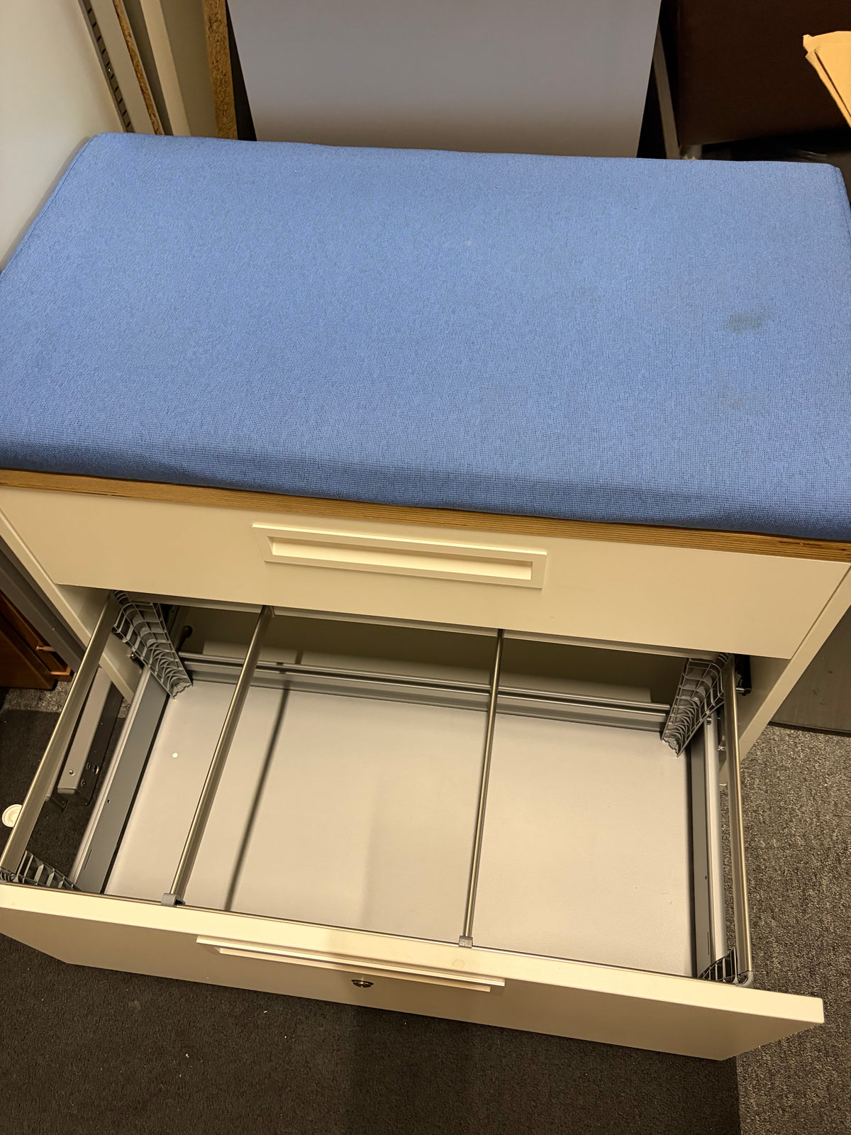 Used filing caddy low cabinet with soft Blue cushion seat top 2 Drawer lateral