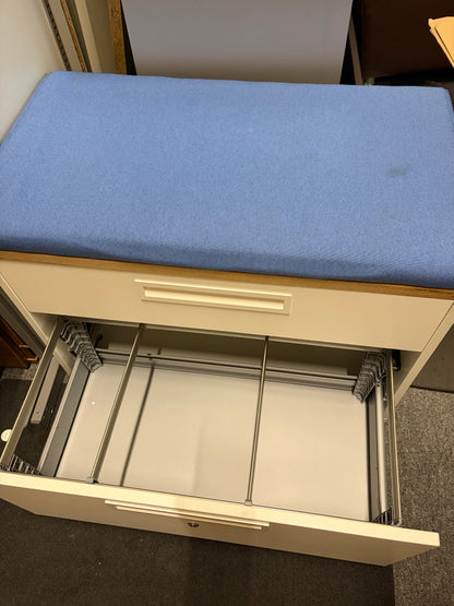 Used filing caddy low cabinet with soft Blue cushion seat top 2 Drawer lateral