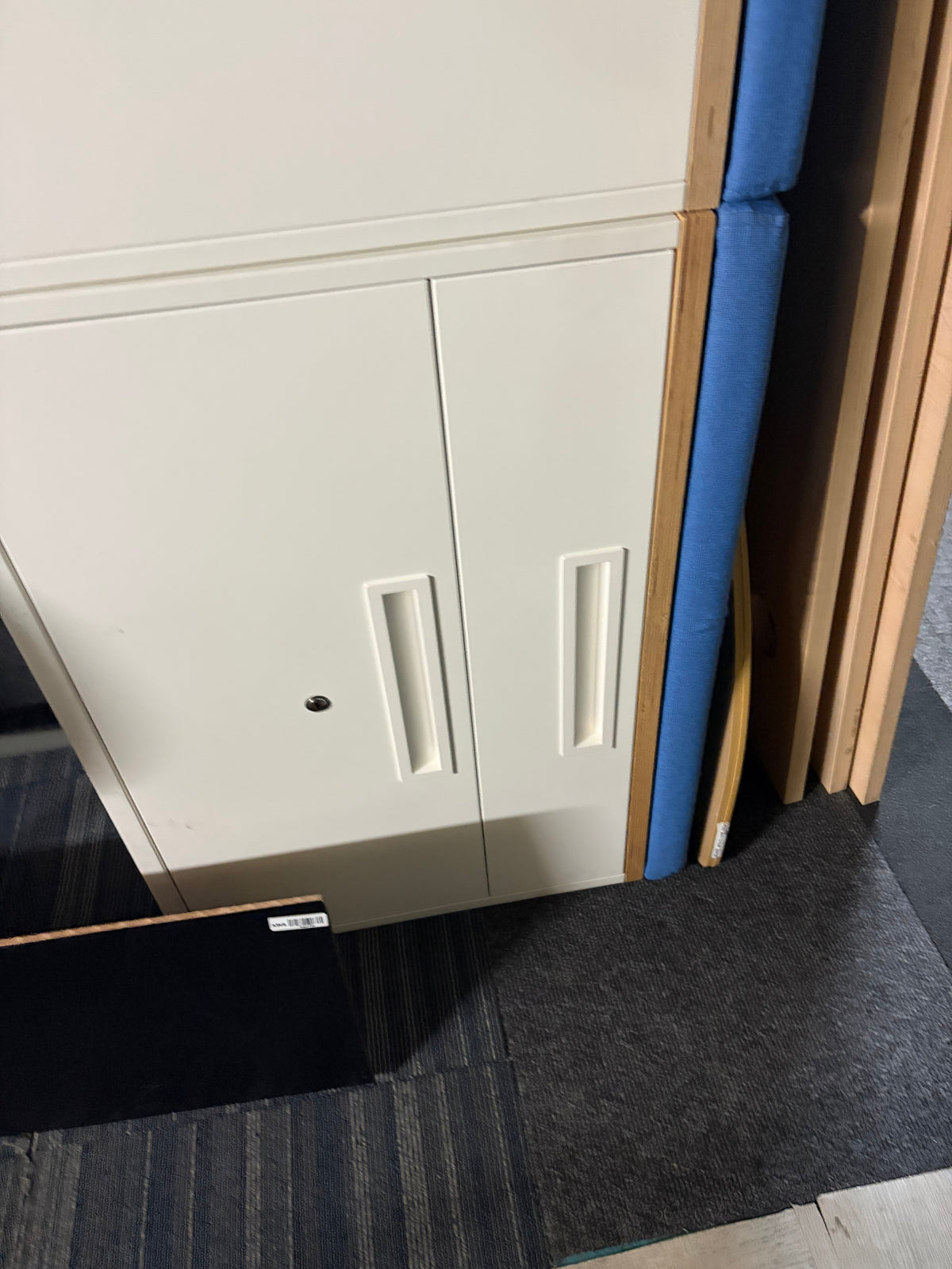 Used filing caddy low cabinet with soft Blue cushion seat top 2 Drawer lateral