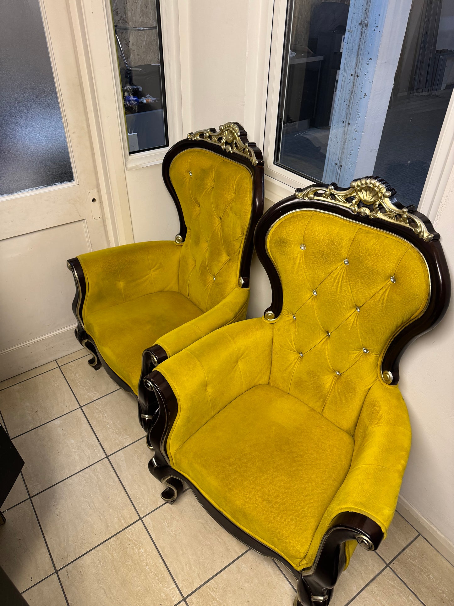 Victorian antique style yellow arm chairs