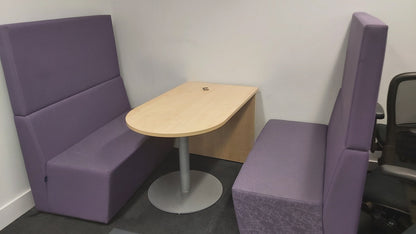 Cubicle Booth Seating in purple with breakout meeting table W:120cm D:67cm H:134cm