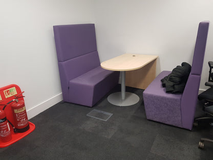 Cubicle Booth Seating in purple with breakout meeting table W:120cm D:67cm H:134cm