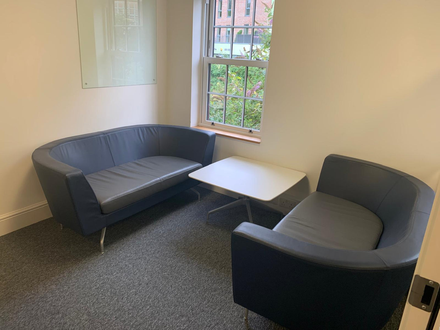 Twin matching set of Orangebox Cwtch navy blue and contrast grey leather sofas (160cm x 80cm)