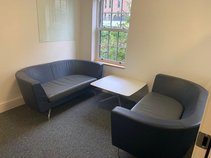 Twin matching set of Orangebox Cwtch navy blue and contrast grey leather sofas (160cm x 80cm)