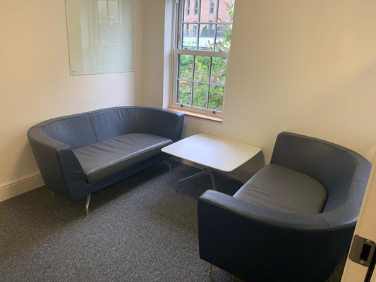 Twin matching set of Orangebox Cwtch navy blue and contrast grey leather sofas (160cm x 80cm)