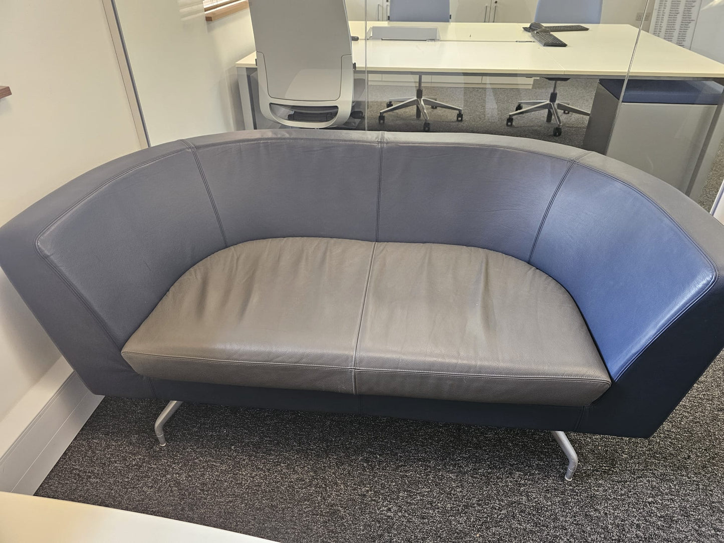Twin matching set of Orangebox Cwtch navy blue and contrast grey leather sofas (160cm x 80cm)