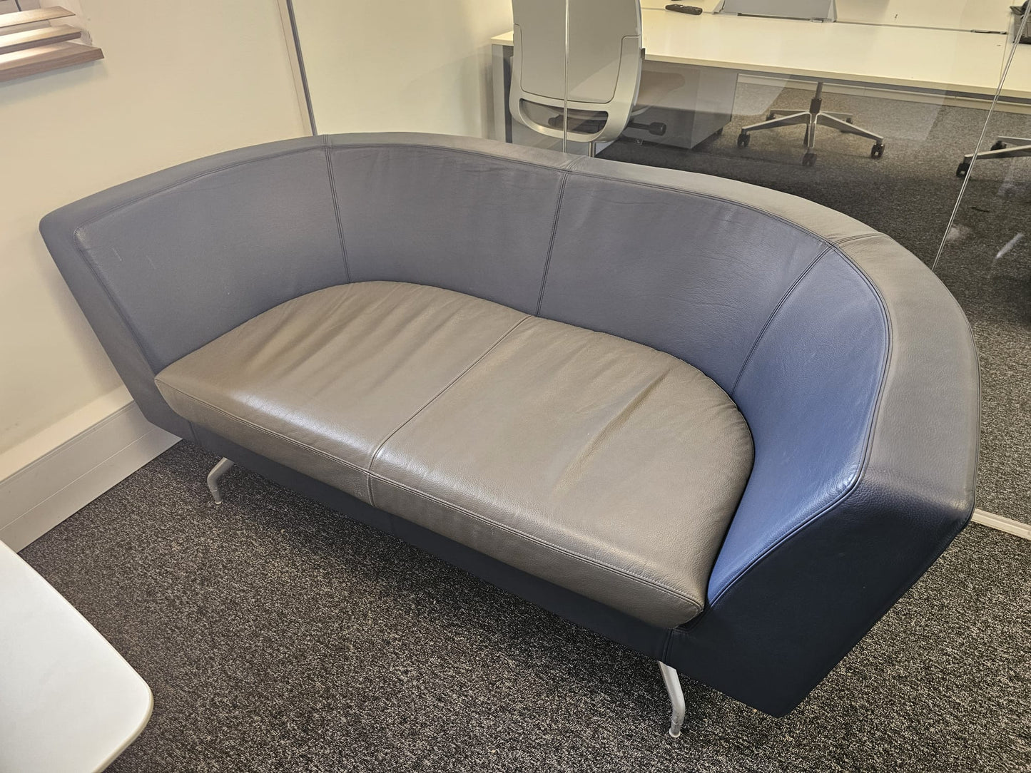 Twin matching set of Orangebox Cwtch navy blue and contrast grey leather sofas (160cm x 80cm)