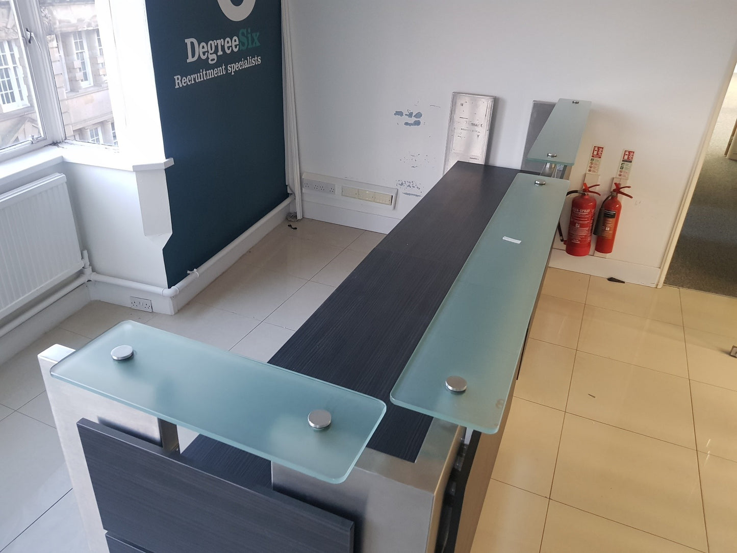 Used Second Hand  Reception Desk Glass Top Modular Rectangular 2 Person desk 350cm w x 88cm d