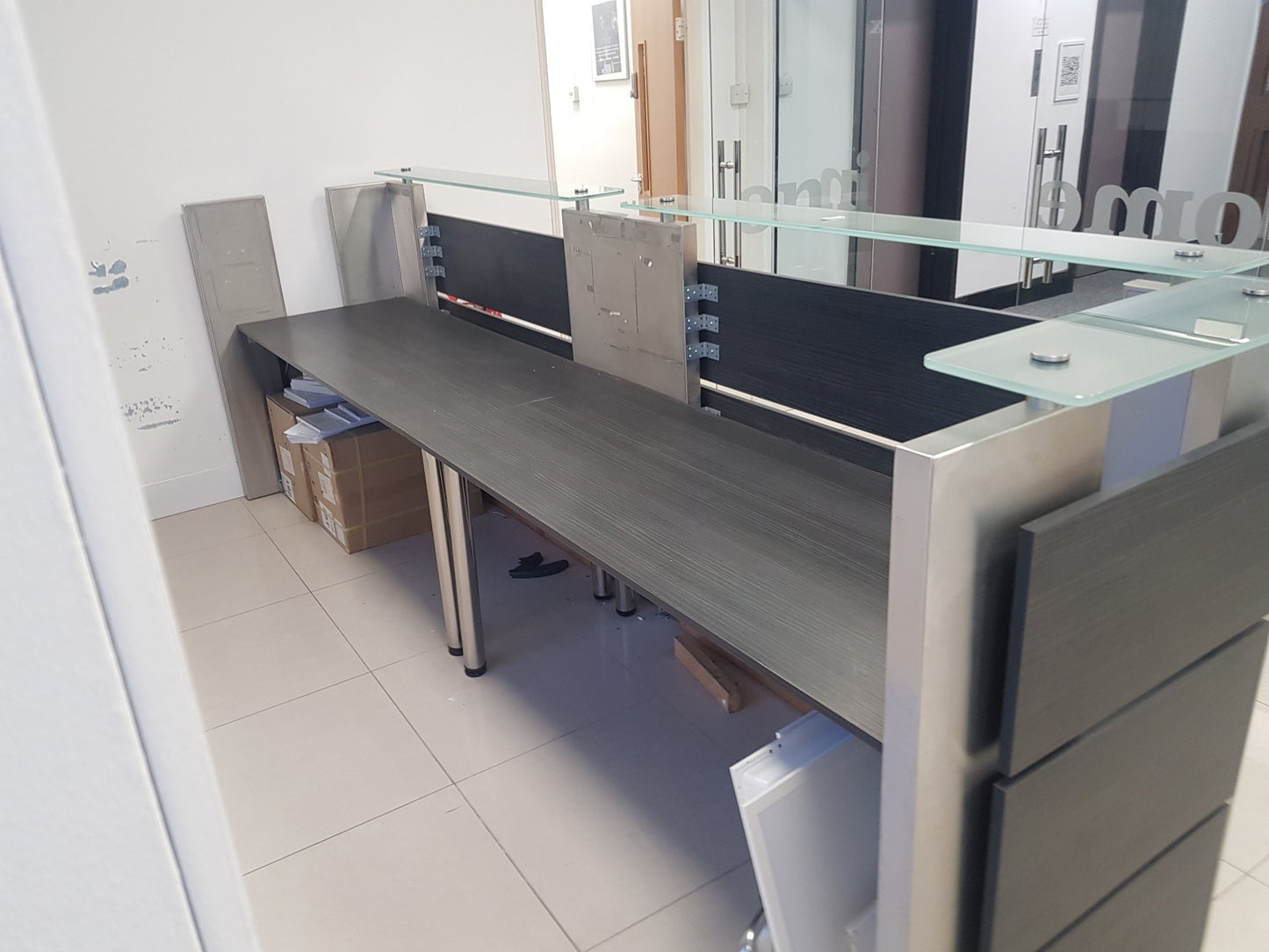 Used Second Hand  Reception Desk Glass Top Modular Rectangular 2 Person desk 350cm w x 88cm d