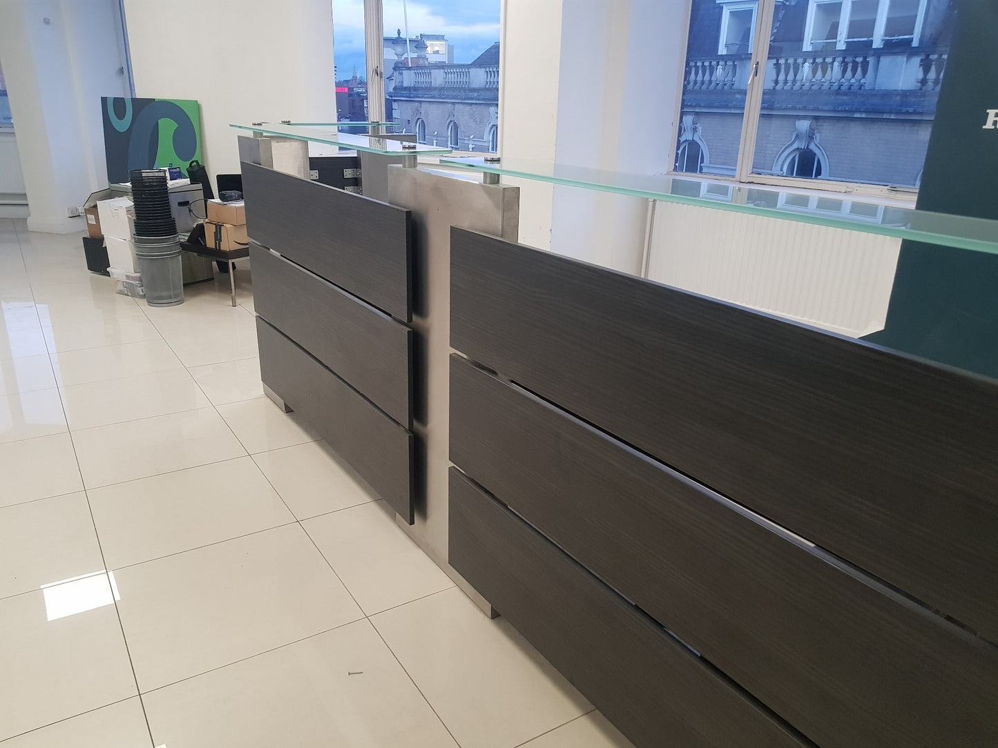 Used Second Hand  Reception Desk Glass Top Modular Rectangular 2 Person desk 350cm w x 88cm d
