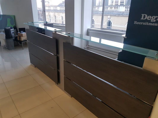 Used Second Hand  Reception Desk Glass Top Modular Rectangular 2 Person desk 350cm w x 88cm d