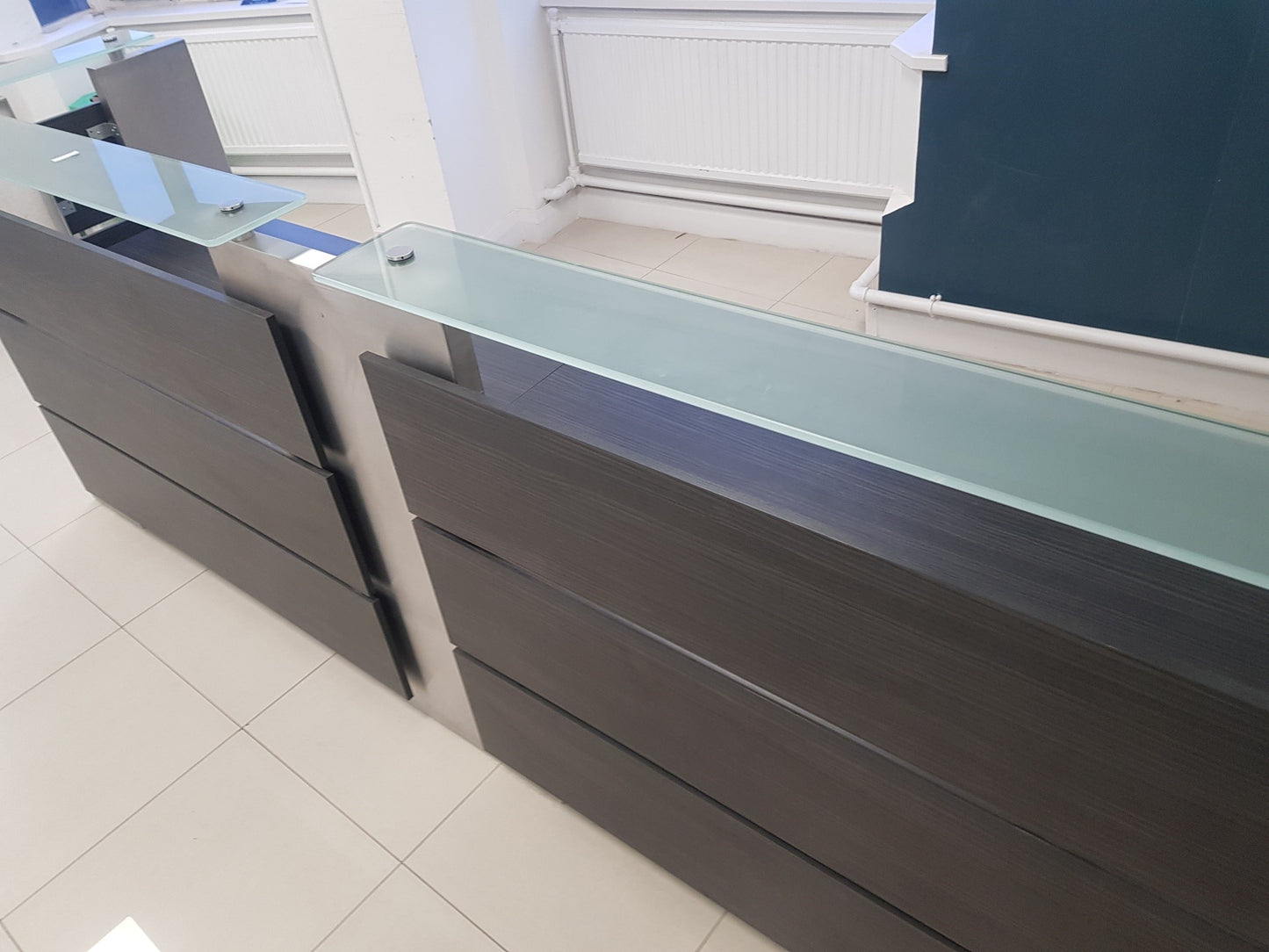 Used Second Hand  Reception Desk Glass Top Modular Rectangular 2 Person desk 350cm w x 88cm d
