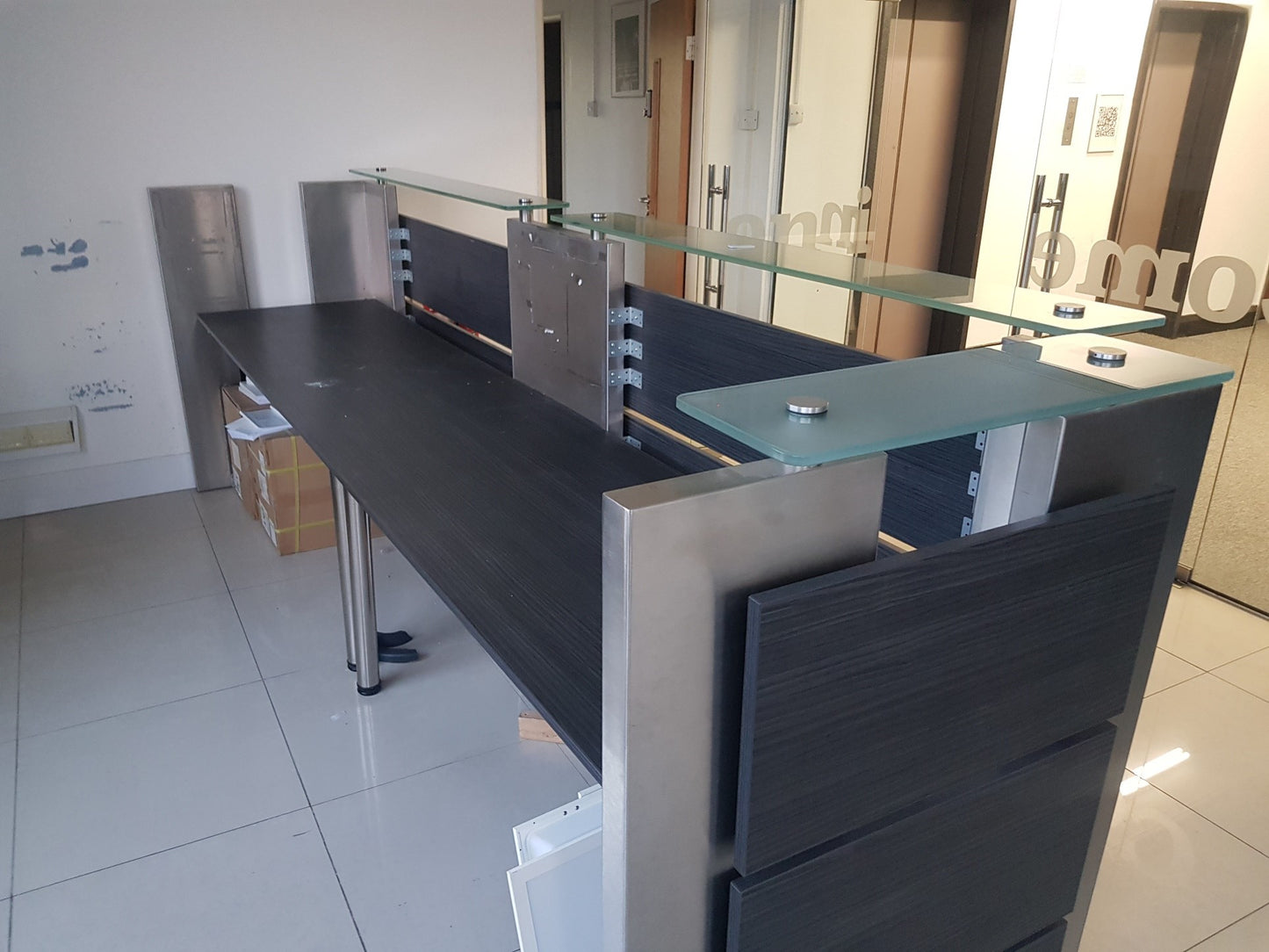 Used Second Hand  Reception Desk Glass Top Modular Rectangular 2 Person desk 350cm w x 88cm d