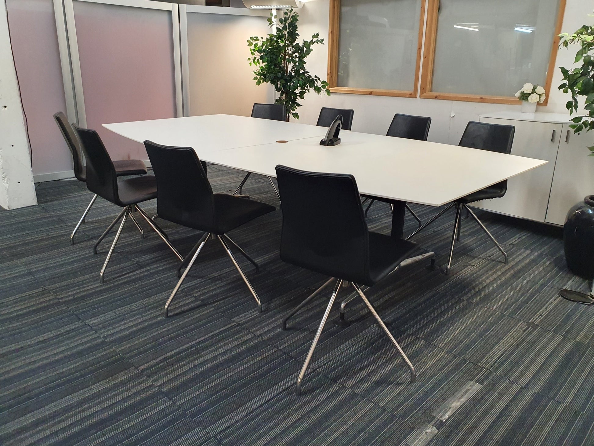 8 seater white boardroom table,  meeting chairs