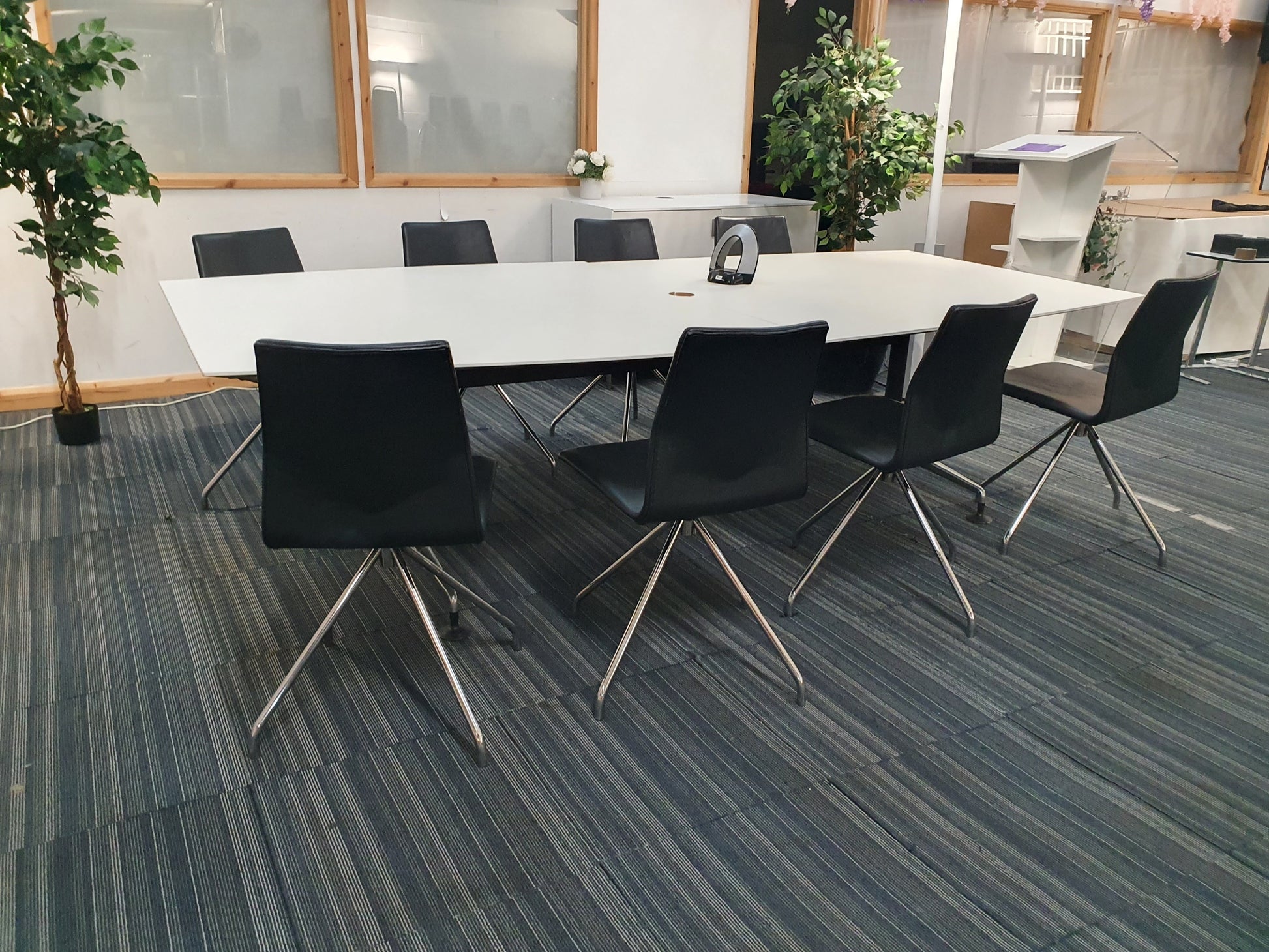 Boardroom table, 2 green plants, 8 meeting chairs at white table