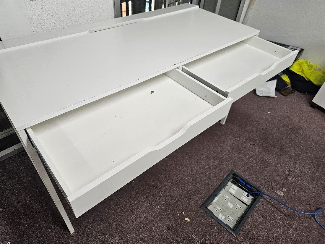 Drawers open of White IKEA Alex Office Desk