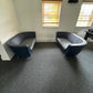 Twin matching set of Orangebox Cwtch navy blue and contrast grey leather sofas (160cm x 80cm)