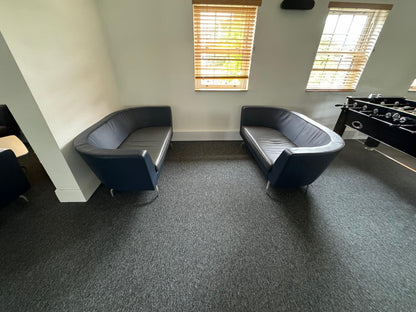 Twin matching set of Orangebox Cwtch navy blue and contrast grey leather sofas (160cm x 80cm)
