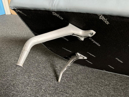 Twin matching set of Orangebox Cwtch navy blue and contrast grey leather sofas (160cm x 80cm)