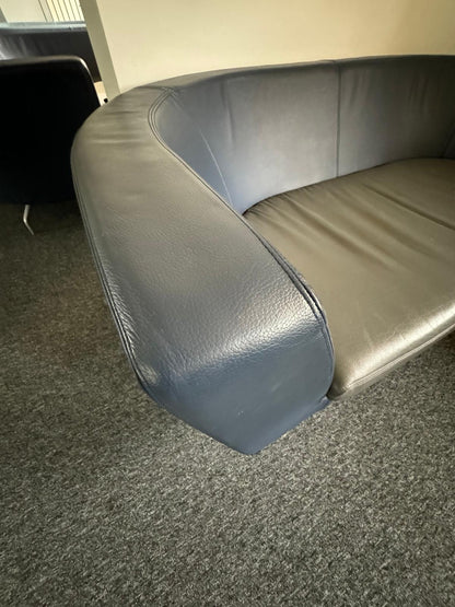 Twin matching set of Orangebox Cwtch navy blue and contrast grey leather sofas (160cm x 80cm)