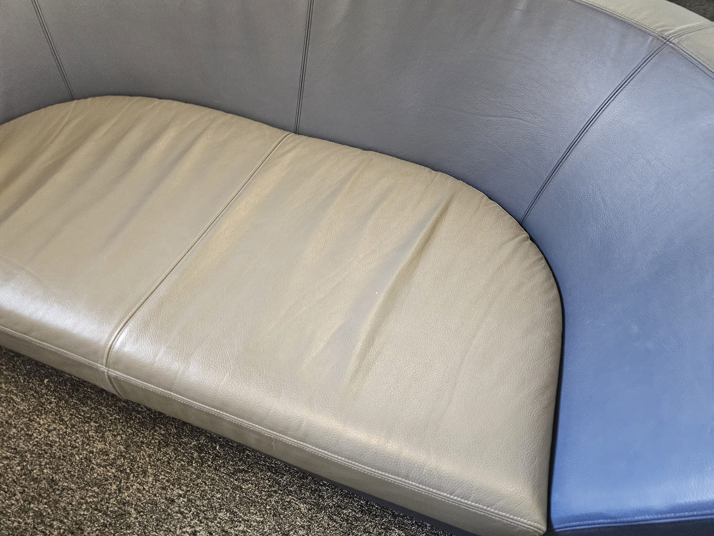 Twin matching set of Orangebox Cwtch navy blue and contrast grey leather sofas (160cm x 80cm)