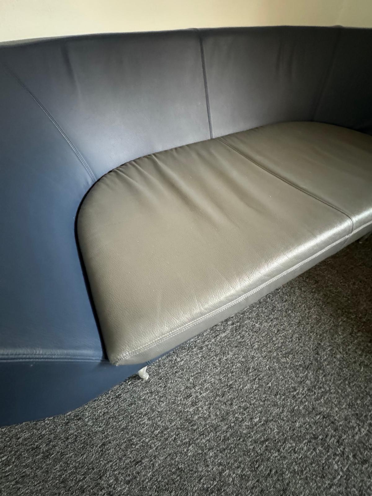 Twin matching set of Orangebox Cwtch navy blue and contrast grey leather sofas (160cm x 80cm)
