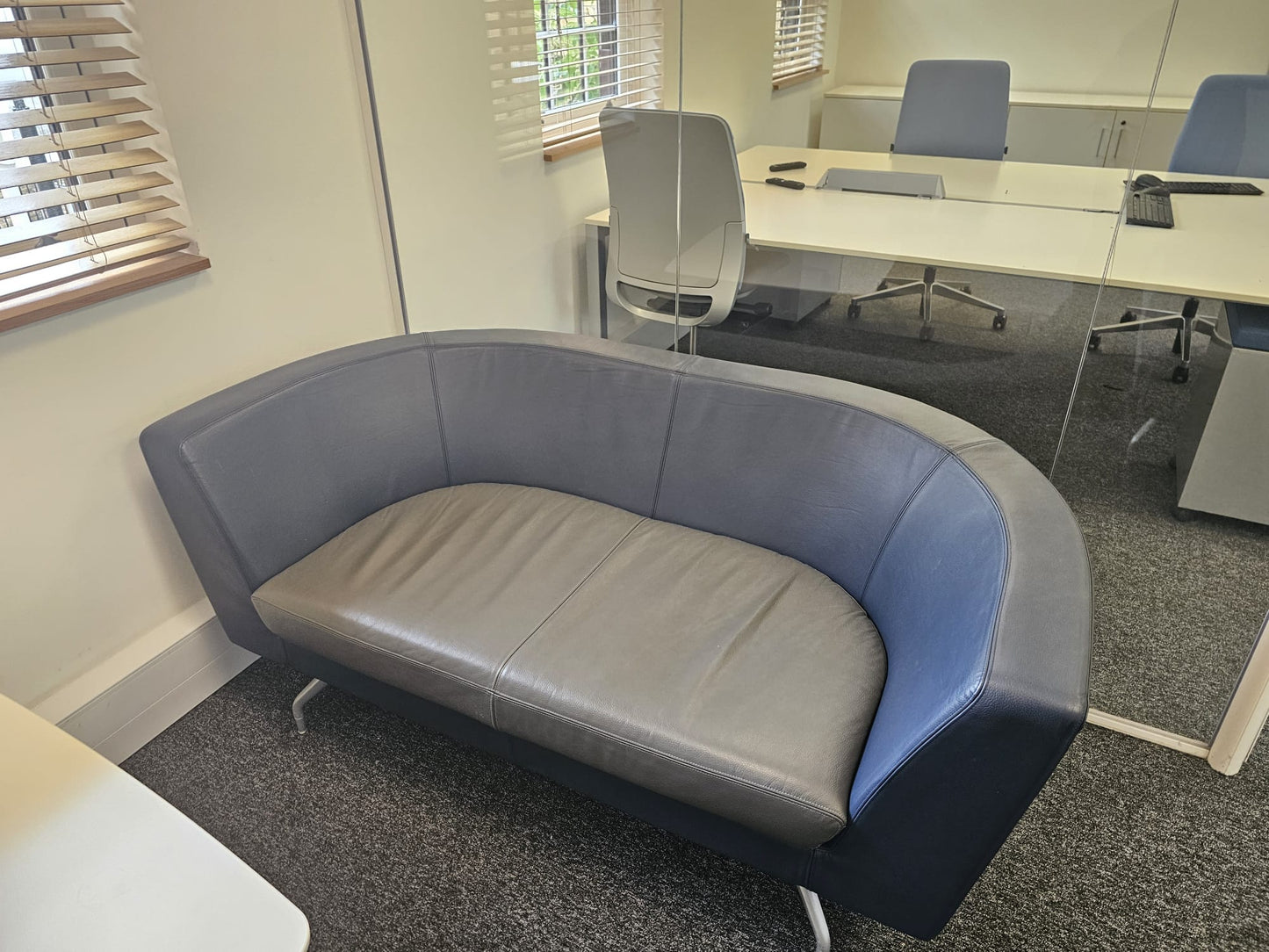 Twin matching set of Orangebox Cwtch navy blue and contrast grey leather sofas (160cm x 80cm)