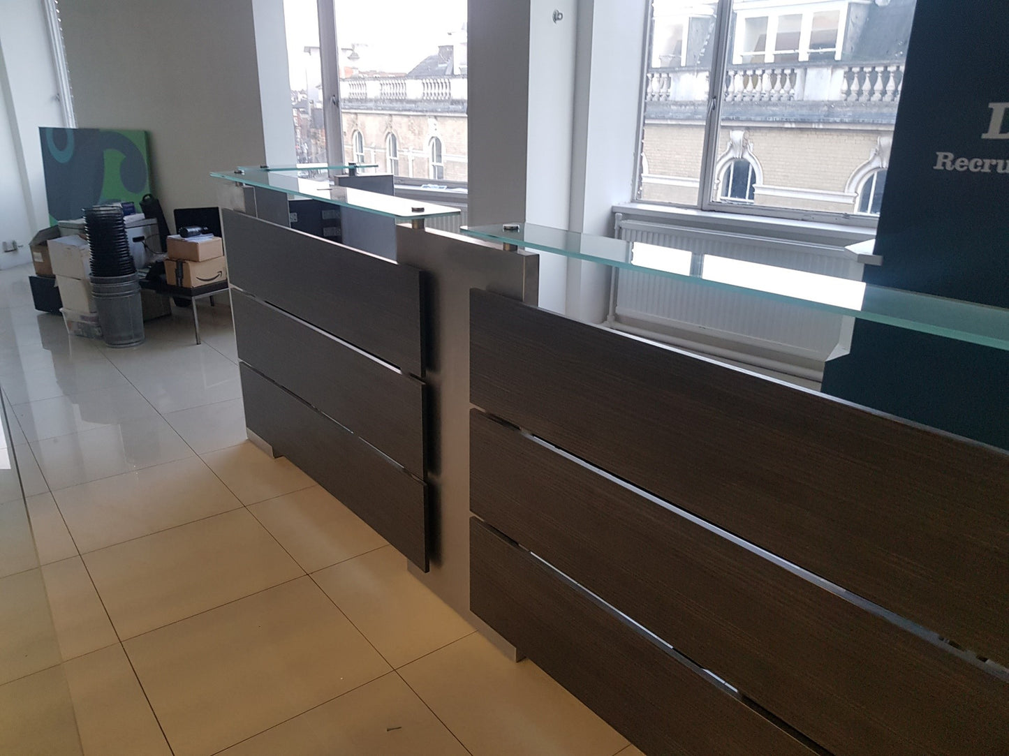 Used Second Hand  Reception Desk Glass Top Modular Rectangular 2 Person desk 350cm w x 88cm d