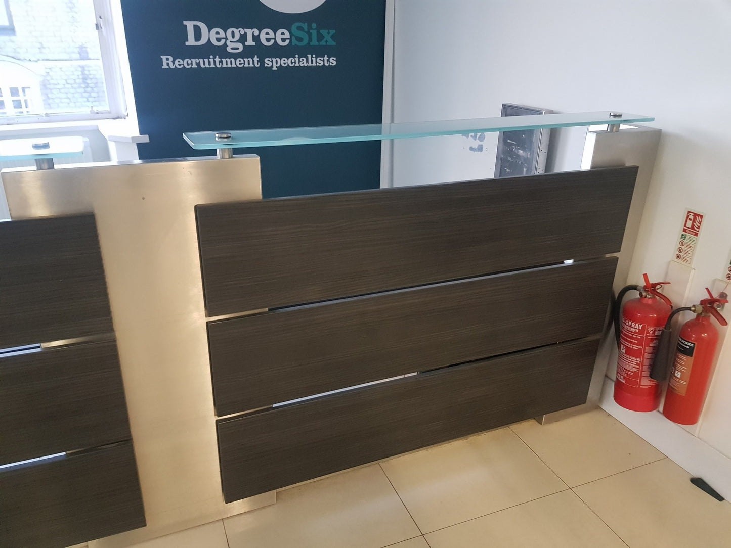 Used Second Hand  Reception Desk Glass Top Modular Rectangular 2 Person desk 350cm w x 88cm d