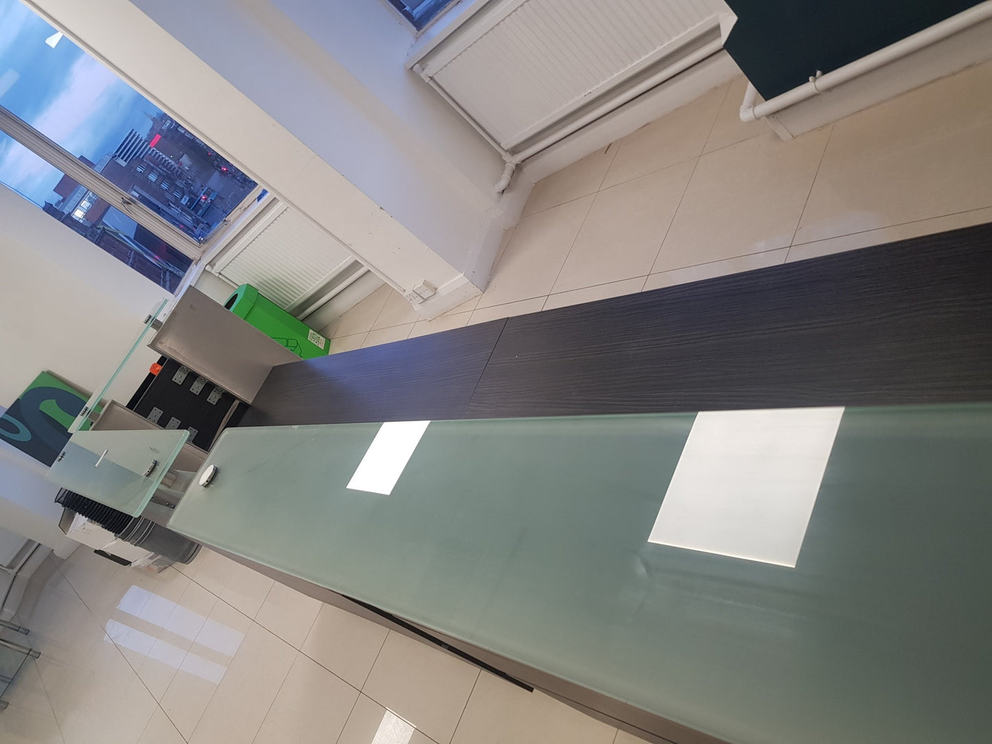 Used Second Hand  Reception Desk Glass Top Modular Rectangular 2 Person desk 350cm w x 88cm d