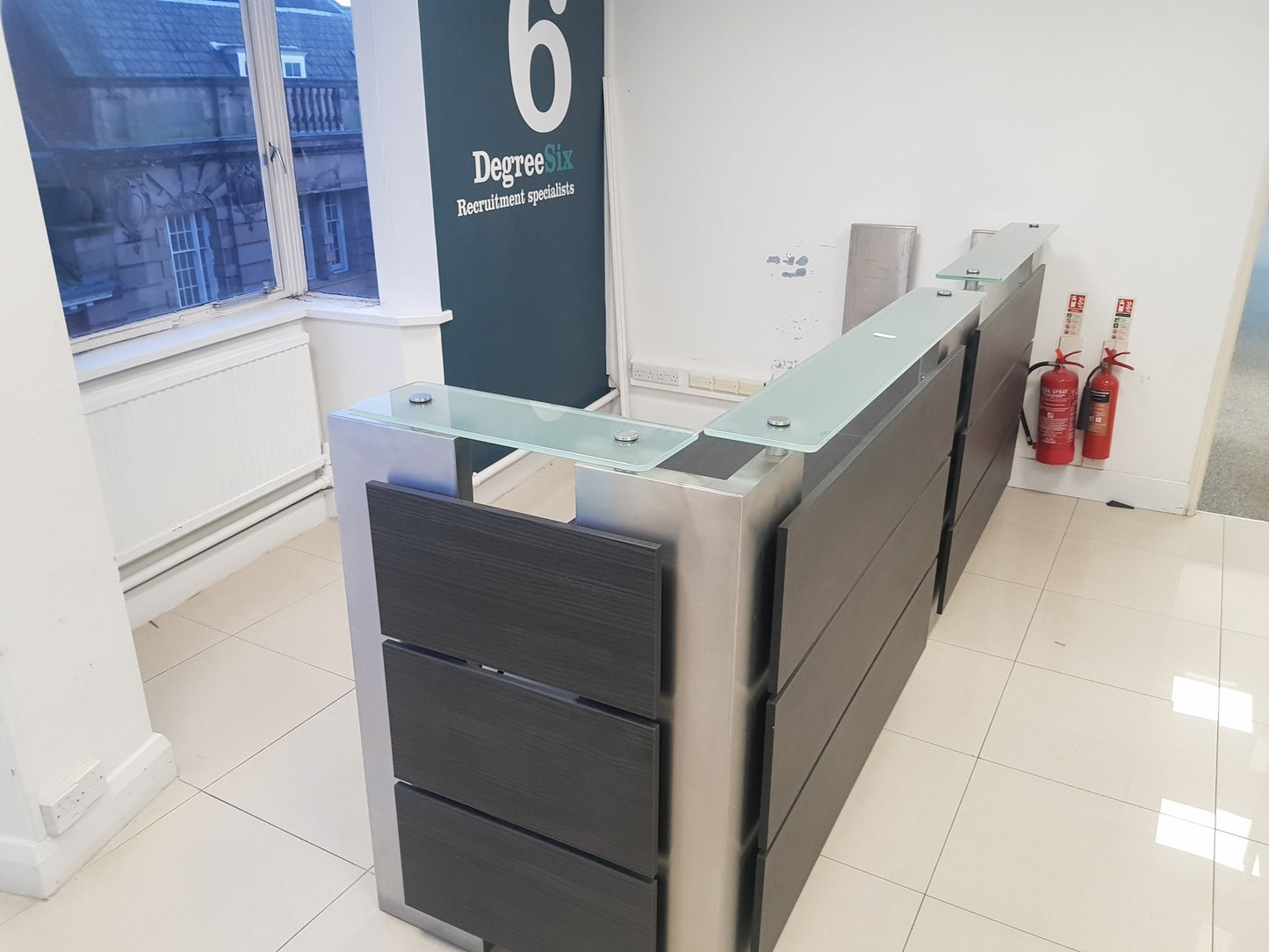 Used Second Hand  Reception Desk Glass Top Modular Rectangular 2 Person desk 350cm w x 88cm d
