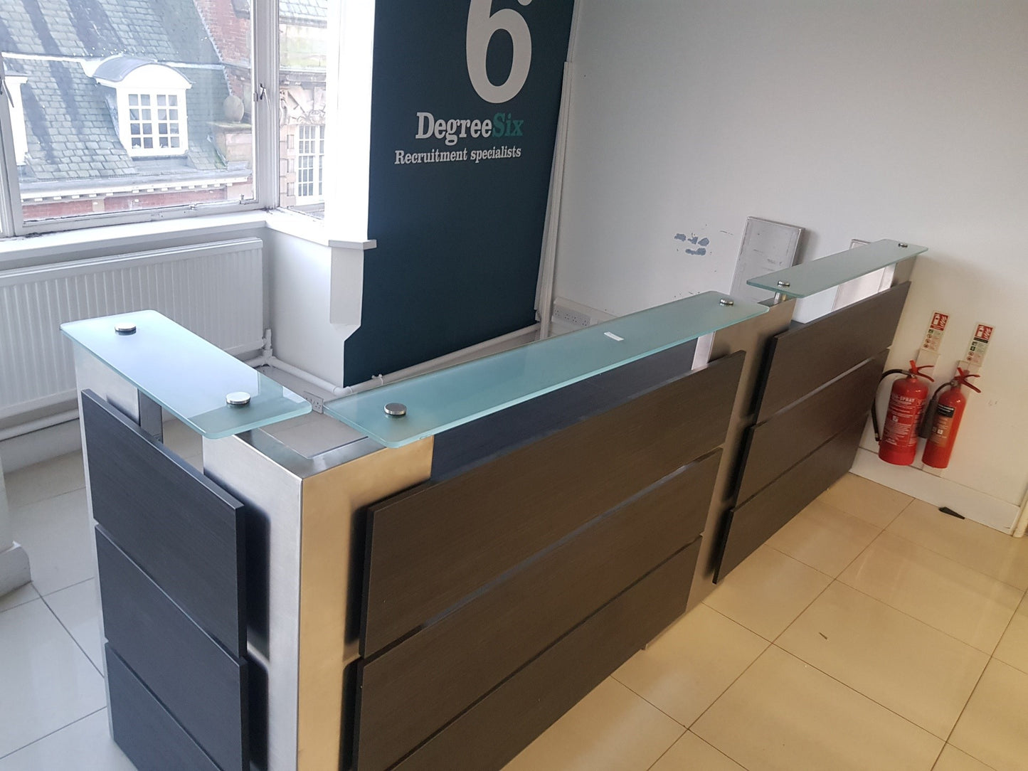 Used Second Hand  Reception Desk Glass Top Modular Rectangular 2 Person desk 350cm w x 88cm d