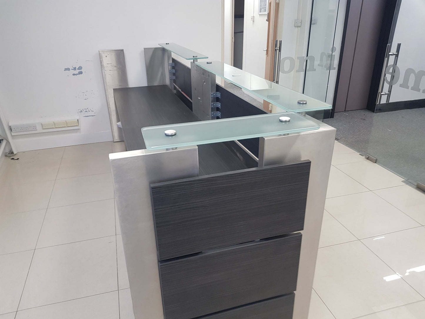 Used Second Hand  Reception Desk Glass Top Modular Rectangular 2 Person desk 350cm w x 88cm d