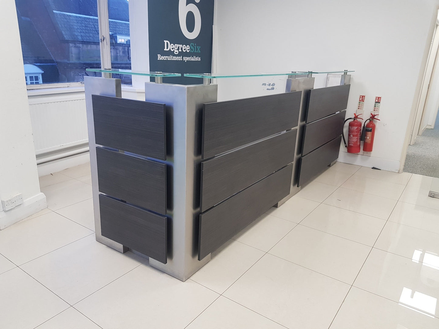 Used Second Hand  Reception Desk Glass Top Modular Rectangular 2 Person desk 350cm w x 88cm d