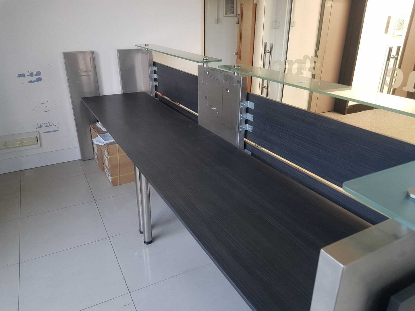 Used Second Hand  Reception Desk Glass Top Modular Rectangular 2 Person desk 350cm w x 88cm d