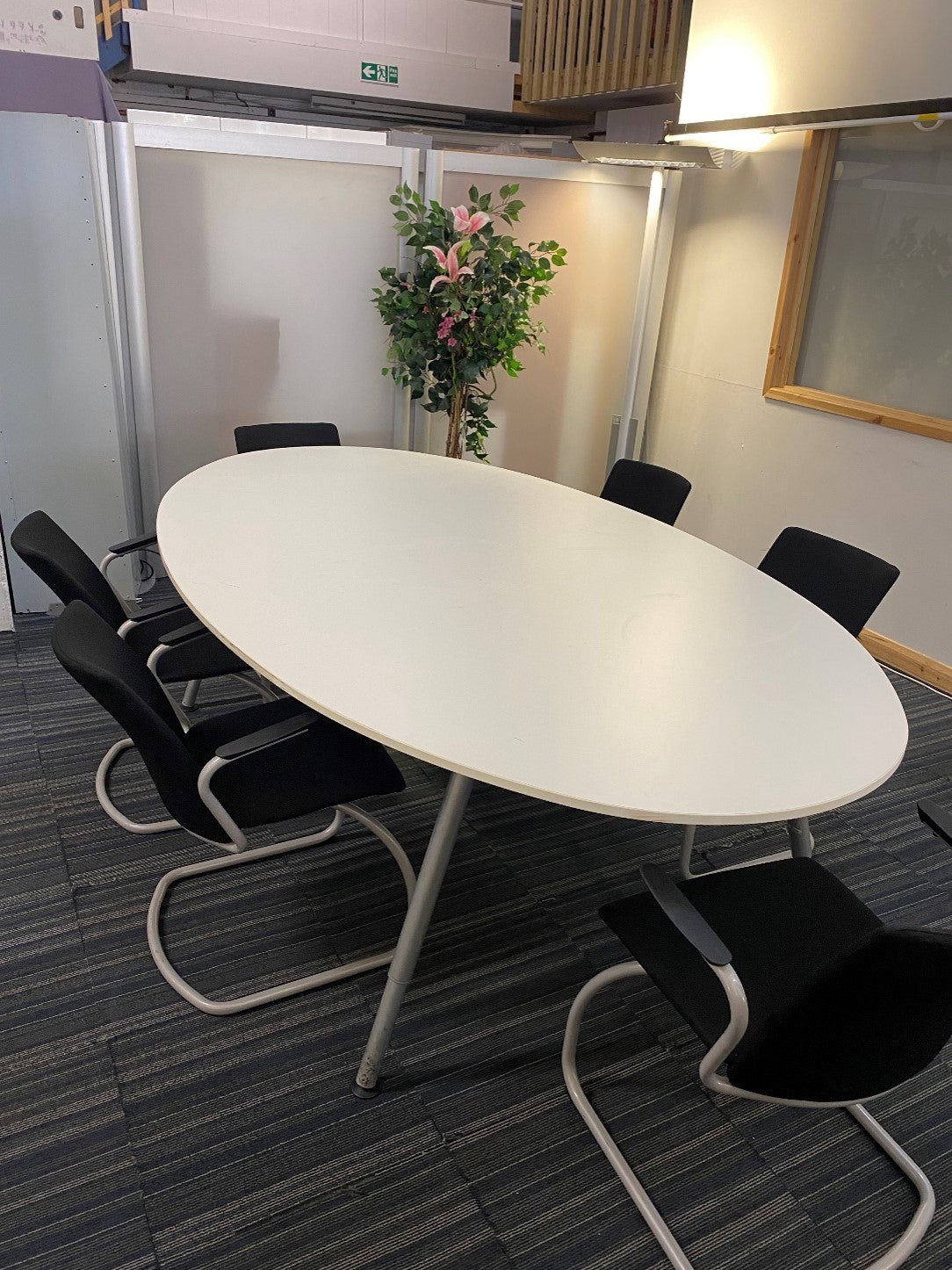 Oval white conference room table and 6 cantilever chairs